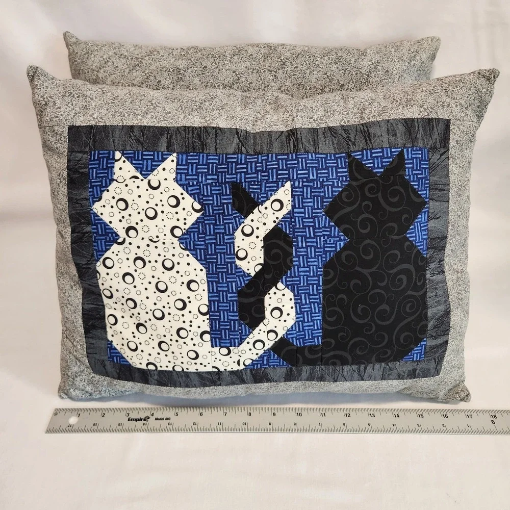 Set of 2 Handmade Quilted‎ Cat Pillows 17x14 Black Blue White Intertwined Tails